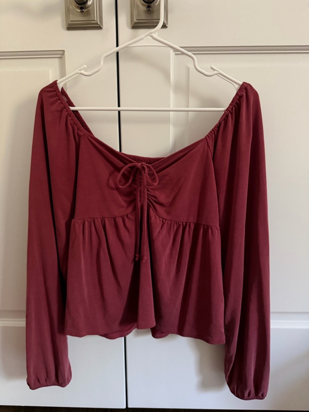 Lucky Brand Women's Off-Shoulder Long Sleeve Top with Front Tie - Burgundy